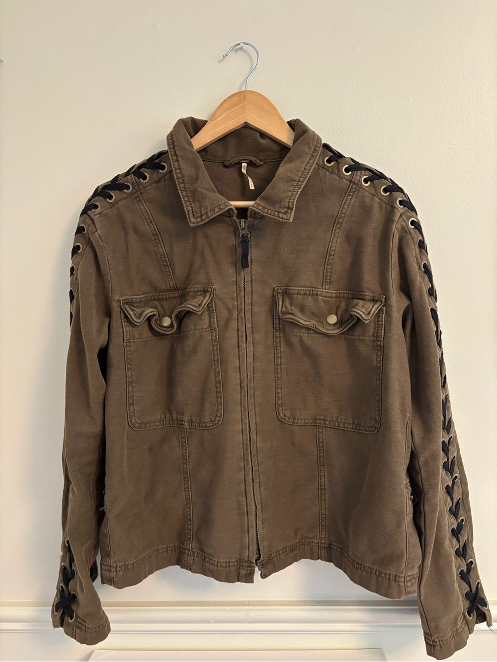 Free People Olive Green Utility Jacket with Lace-Up Sleeves